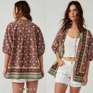 Free People Bohemian Border Batik Peasant Top Brown Multi | Medium